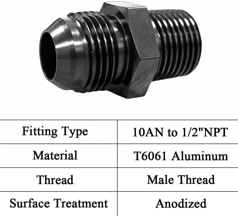 lanstixr 10AN Male Flare to 1/2'' NPT Male Hose Pipe Fitting Adapter Union Connector Aluminum Straight Black Anodized 2PCS - Image 3